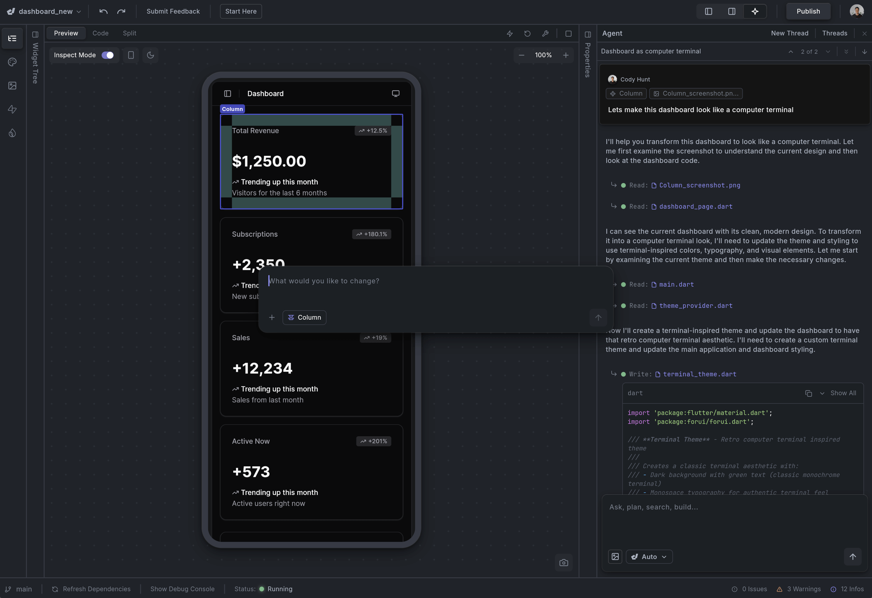 DreamFlow visual editing interface - Dark mode